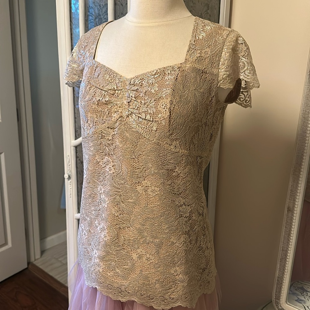 Ann Taylor loft metallic foil lace vintage look top